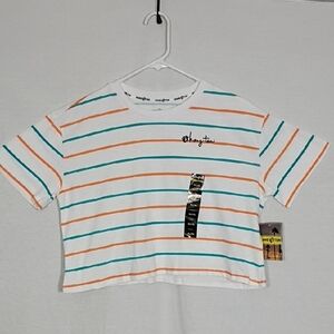 NWT Hang Ten Coral/Blue Stripe Short Sleeve Drop Shoulder Boxy Crop Tee Sz XL 16